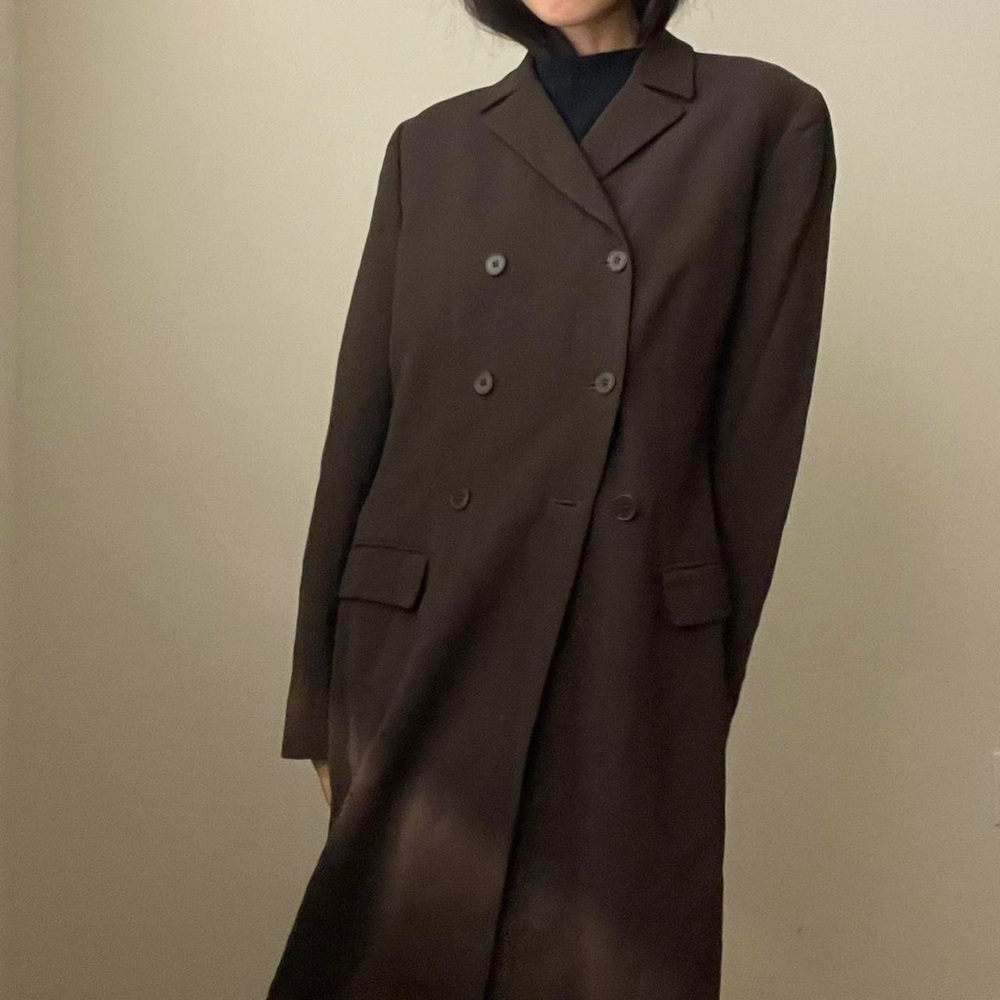90s Calvin Klein Collection Brown Wool Coat Jacket Long Double Breasted Vintage
